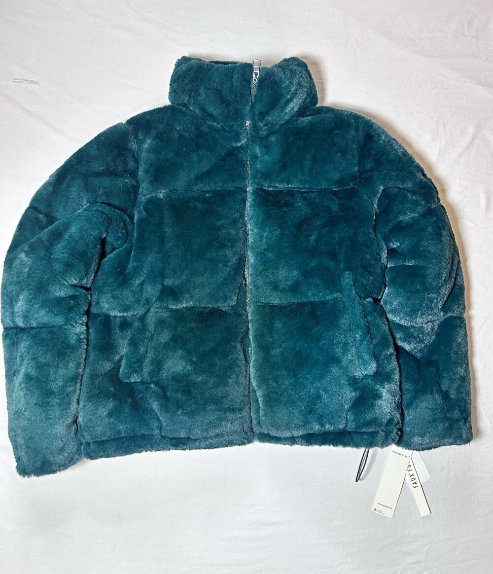 Madden Girl Green Faux Fur Puffer Jacket Full Zip Short Coat L/G